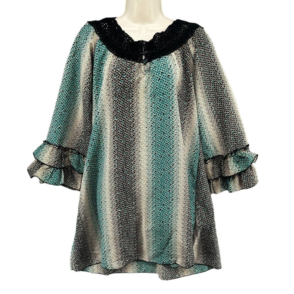 RU Apparel Piper Peasant Dress Black Turquoise 3/4 Ruffle Sleeve Size L